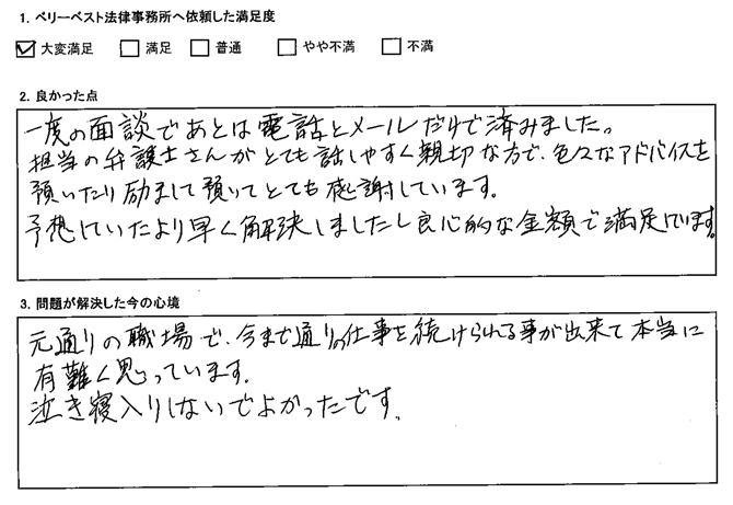 弁護士さんがとても話しやすく親切な方で、いろんなアドバイスを頂いたり励まして頂いてとても感謝しています